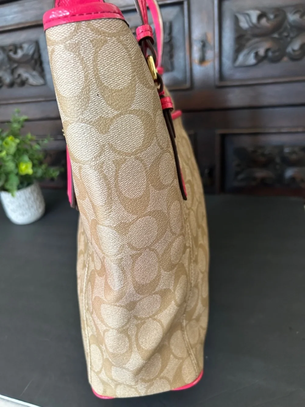 Coach Tan Signature Canvas Tote with Pink Trim and Handles